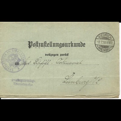 DR 1920, Post Zustell Urkunde v. KIEDRICH (Rheingau) n. Limburg.