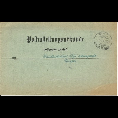 DR 1914, Post Zustell Urkunde v. ROD a.d. Weil n. USINGEN.