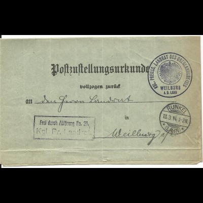 DR 1914, Post Zustell Urkunde v. RUNKEL (Lahn). Frei d. Ablösung Landrat