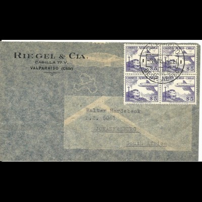 Chile, 4er-Block 5$ Correo Aereo auf Luftpost Brief v. Valparaiso n. Südafrika.