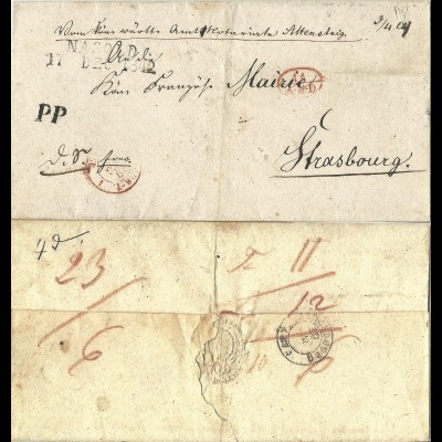 Württemberg 1842, L2 NAGOLD, PP u. 11 AED in rot auf Dienst Brief n. Frankreich