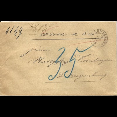 Württemberg 1890, K1 GERABRONN auf Porto Wert Brief n. Langenburg