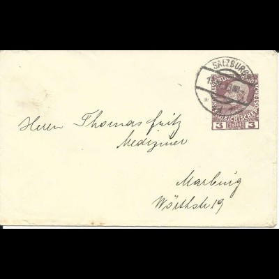 Österreich 1913, 3 H. Privat Ganzsache Brief, gebr. als Drucksache v. Salzburg.