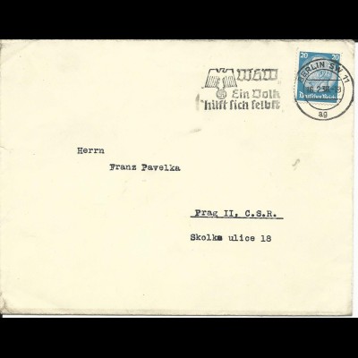 DR 1938, EF 20 Pf. auf Sonderporto Brief v. Berlin i.d. Tschechoslowakei