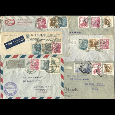 Spanien 1948/51, 6 airmail cover to USA. Commercial letters.