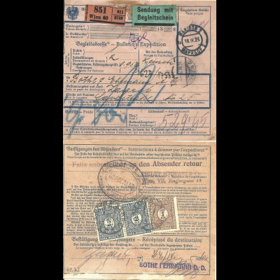 Österreich 1926, Paketkarte v. Wien m. 3 Jugoslawien Porto Marken rücks.