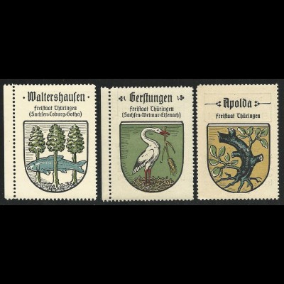 Thüringen, Wappen Waltershausen, Gerstungen, Apolda, 3 attraktive Sammelbilder