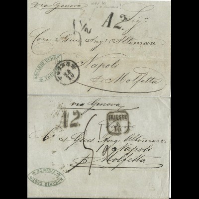 Österreich 1862/63, 2 Porto Brief m. div.Stempeln v. Triest n. Napoli Italien