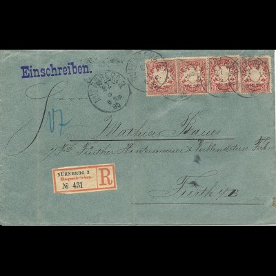 Bayern 1895, MeF 4x10 Pf. auf Einschreiben Brief v. Nürnberg n. Fürth