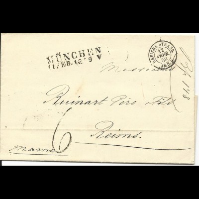 Bayern 1859, L2 München auf Brief m. Frankreich Porto Stpl. "6"