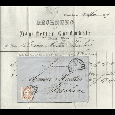 Bayern 1869, breitr. 3 Kr. auf Brief m. HKS HAUNSTETTEN (Sem 150.-) n. Fischen