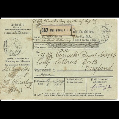 Bayern 1918, portofreie KGF POW Paketkarte v. Wasserburg n. GB Camp Catterick 