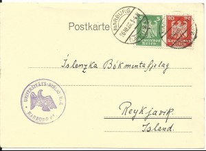 DR 1926, 5+10 Pf. auf Karte der Uni Bibliothek Marburg n. Island. Destination!