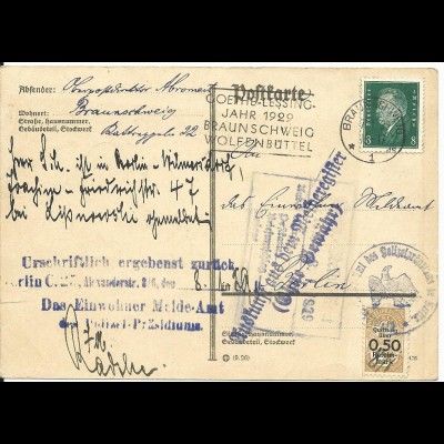 DR 1929, 8 Pf. auf Karte v. Braunschweig m. Berlin Steuermarke Polizei Präsidium