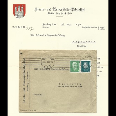 DR 1930, 5+20 Pf. auf Brief v.d. Uni Bibliothek Hamburg n. Island. Destination!