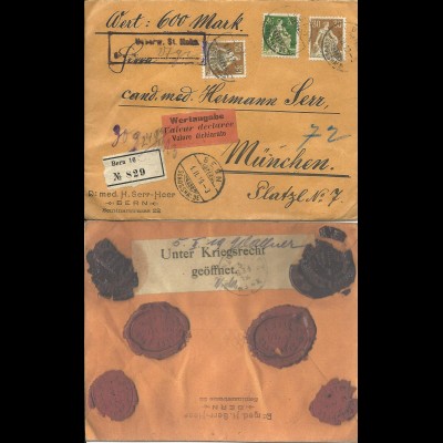 Schweiz 1919, 2x30+35 C. auf Wert Brief v. Bern m. Bayern Kriegs Zensur