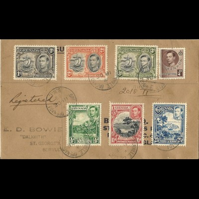 Grenada 1939, 7 versch. Marken auf Einschreiben Brief n. Bermuda. Ankunftstempel