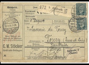 DR 1926, MeF 2x80 Pf. Stephan (Mi.240€) auf Paketkarte v. Gräfrath n Frankreich 