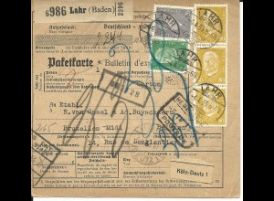 DR 1933, 5+20+3x80 Pf. auf Paketkarte v. Lahr n. Belgien
