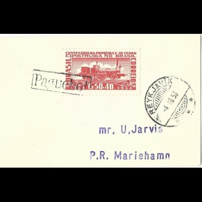Island 1956, Paquebot u. Reykjavik auf Brasilien Schiffspost Brief n. Aaland 