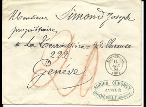 Frankreich 1864, K2 BONNEVILLE auf RL Grenzrayon Porto Brief i.d. Schweiz 