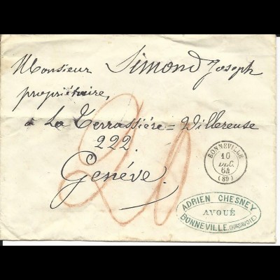 Frankreich 1864, K2 BONNEVILLE auf RL Grenzrayon Porto Brief i.d. Schweiz 