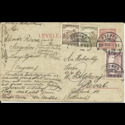 Ungarn 1921, 3 Marken Zusatzfr. auf 10 F. Ganzsache v. Szeged n. Estland