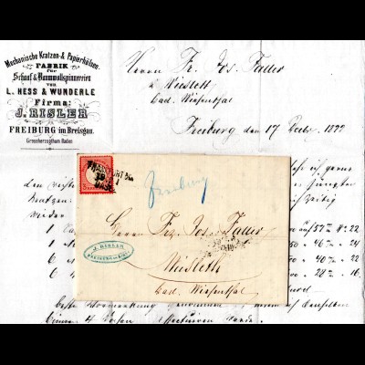DR 1872, 3 Kr. auf Brief v. Freiburg m. Bahnpost L3 FRANKFURT BASEL