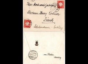 Bayern 1904, 2x10 Pf. auf Adels Brief m. Präge Wappen v. Lindau i.d. Schweiz