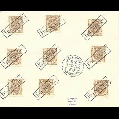 Schweden 1952, MeF 3 öre auf Schiffspost Brief m. Dänemark R1 Fra Sverige 