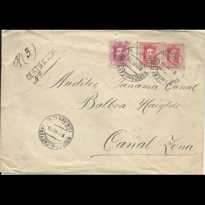 Spanien 1929, Einschreiben Brief m. 3 Marken n. Canal Zone. Destination!! #2440