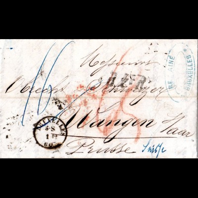 Belgien 1860, K1 BRUXELLES u. B2eR auf Porto Brief pr. Preussen i.d. Schweiz