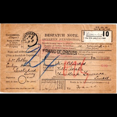 GB 1919, Formular Parcel Dispatch Note v. Leatherhead i.d. Schweiz. Porto "15" 
