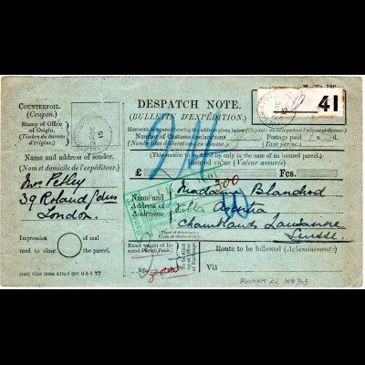 GB 1915, Formular Parcel Dispatch Note v. FULHAM i.d. Schweiz. Porto 