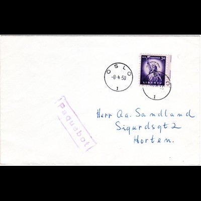 USA 1958, 3 C. auf Paquebot Schiffspost Brief n. Norwegen m. Stpl. K1 OSLO 1