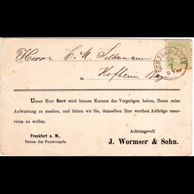 Bayern, 1 Kr. auf Avis Karte m. K1 GUNZENHAUSEN n. Hofheim