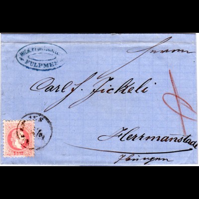 Österreich 1872, K1 FULPMES u. Absender-Cachet auf Brief m. 5 Kr n. Siebenbürgen