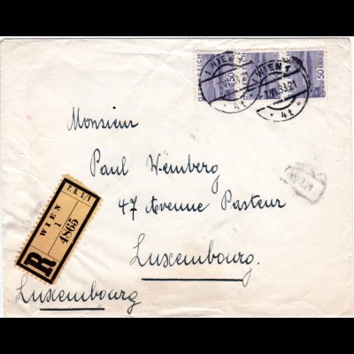 Österreich 1933, 3er-Streifen 50 Gr. Gr. auf Reko Brief v. Wien n. Luxemburg