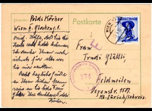 Österreich 1950, 1 S. auf Zensur Karte v. Wien i.d. Schweiz. Zusätzlich "E"