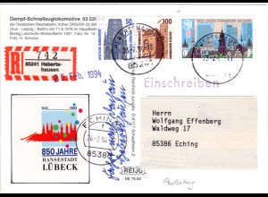 BRD 1994, Postbetrug, Reko Karte v. Hebertshausen m wiederverwendeter 3 DM Marke