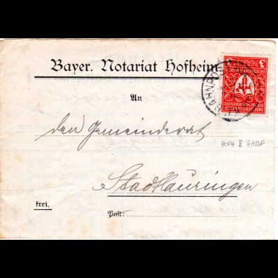 DR 1922, 3 Mk. auf Brief v. Hofheim m. Bayern Bahnpost HOFH II HASSF (Hassfurt)