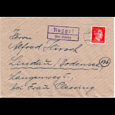 DR 1944, Landpost Stpl. Raggal über Ludesch auf Österreich Brief m. 12 Pf.