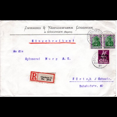 DR 1921, 20 Pf.+Paar 1 Mk. auf Einschreiben Brief v. Göggingen i.d. Schweiz