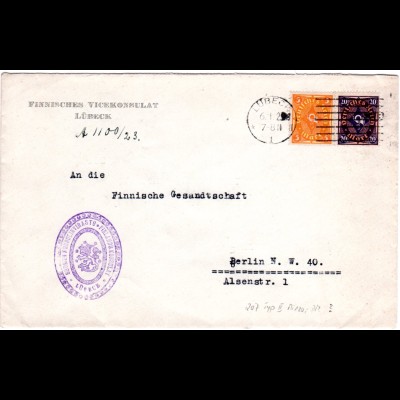 DR 1923, 5+20 Mk. auf Finnland Konsulats Brief v. Lübeck n. Berlin