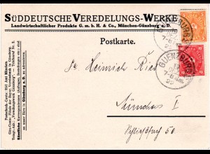 DR 1922, 5+10 Mk. auf Firmen Vordruck Karte v. Günzburg n. München