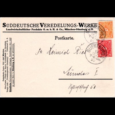 DR 1922, 5+10 Mk. auf Firmen Vordruck Karte v. Günzburg n. München