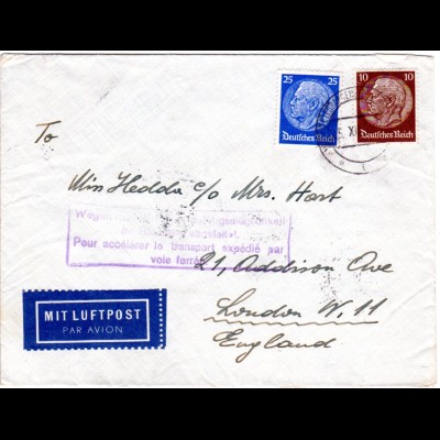 DR 1938, 10+25 Pf. auf Ostmark Luftpost/Bahnpost Brief m. Wien Telegraphen Stpl.