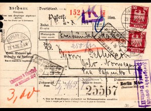 DR 1926, 2x30+rücks. 3x100 Pf. auf Wert Paketkarte v. Berlin n. Norwegen.