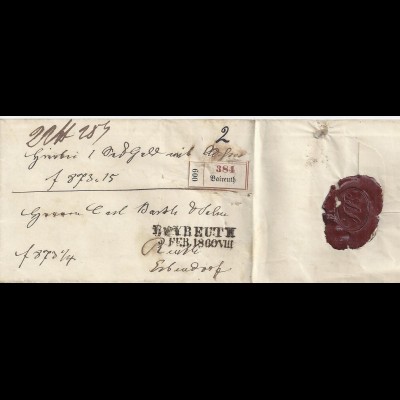 Bayern 1860, L2 Bayreuth auf Paket Brief m. Klebezettel n. Reuth Erbendorf. #3