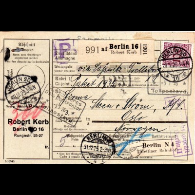 DR 1925, MeF 3x100 Pf. v- u. rs. auf Paketkarte v. Berlin n. Norwegen.